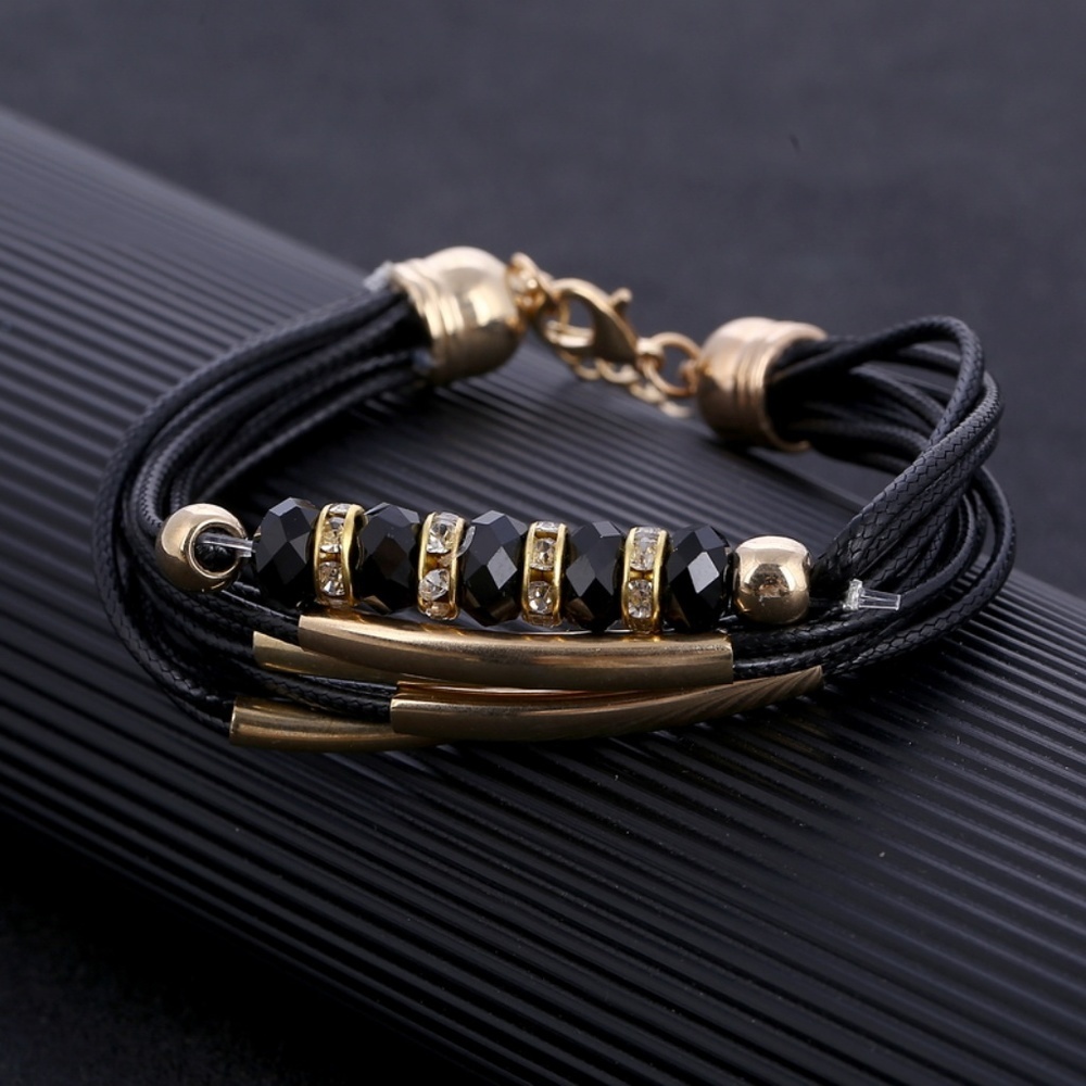 ❤️ NEW Black, Gold & Rhinestone Leather Bracelet